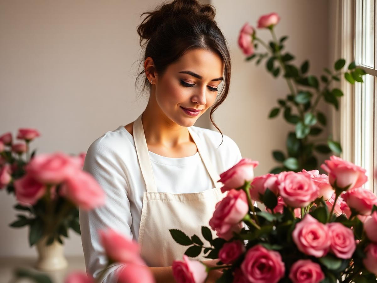 Florist arranging a blush bouquet in the studio